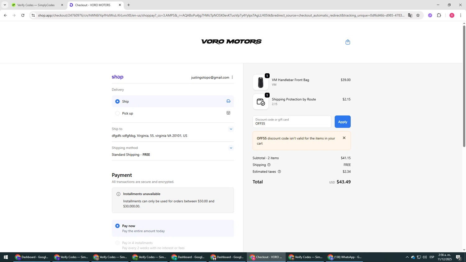 Voro Motors discount code screenshot showing code OFF55 applied at Voro Motors checkout page. Uploaded by SimplyCodes community member TTTT55 on Dec 11, 2025