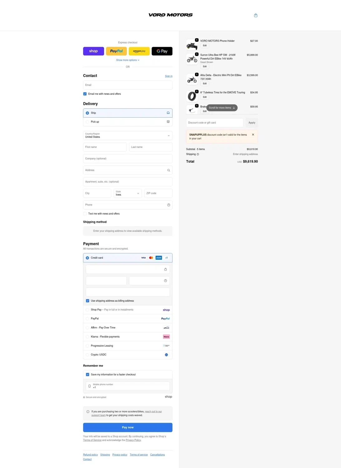 Voro Motors promo code screenshot showing code snapupplus applied at Voro Motors checkout page. Uploaded by SimplyCodes community member LOgoter on Jan 31, 2026
