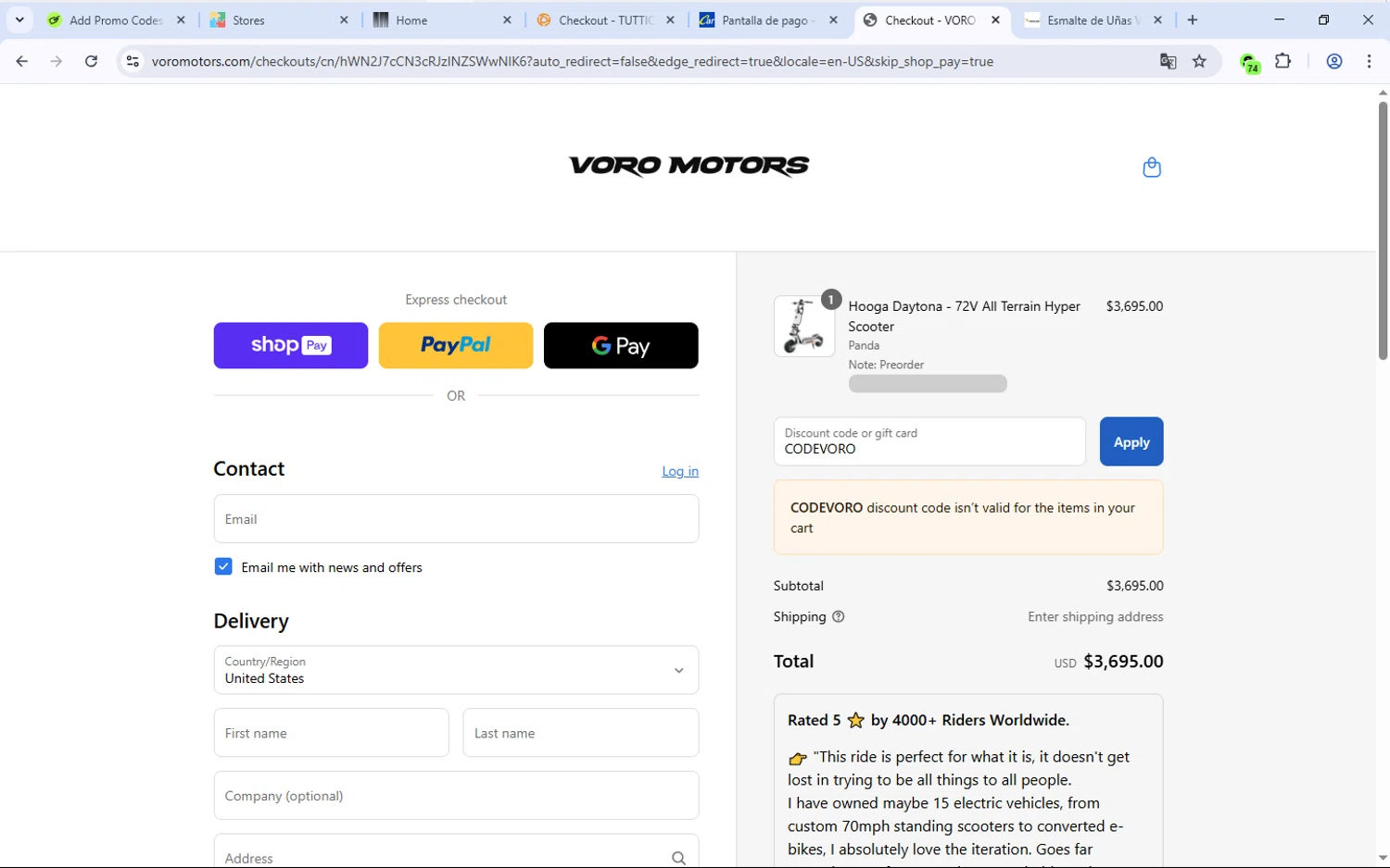Voro Motors discount code screenshot showing code CODEVORO applied at Voro Motors checkout page. Uploaded by SimplyCodes community member Djmariio on Aug 28, 2025