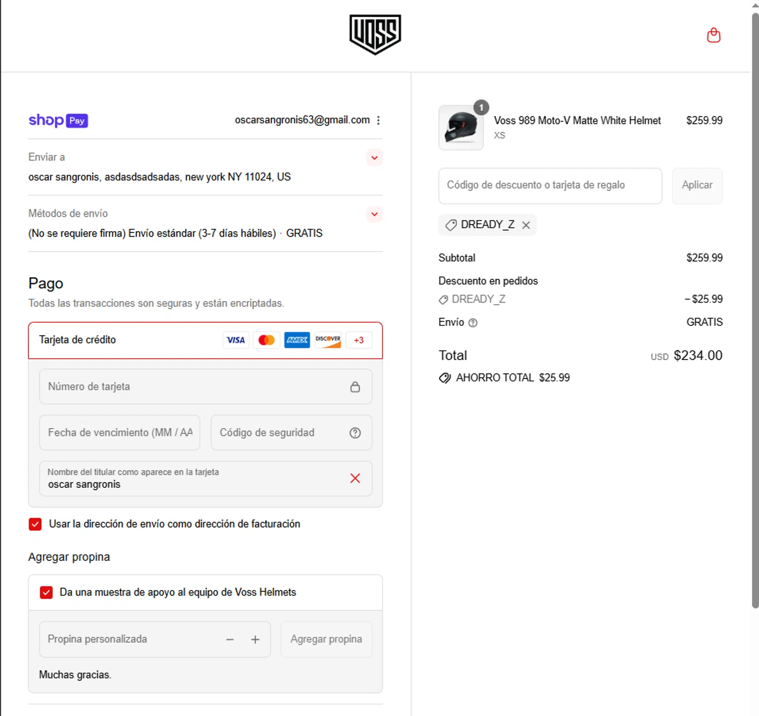 Voss Motorcycle Helmets promo code screenshot showing code DREADY_Z applied at Voss Motorcycle Helmets checkout page. Uploaded by SimplyCodes community member Frionel_Pessi on Aug 17, 2025