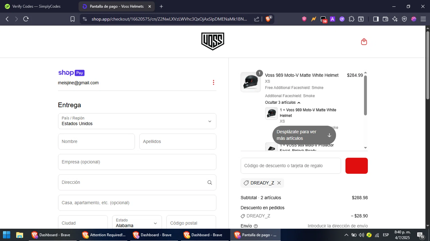 Voss Motorcycle Helmets promo code screenshot showing code DREADY_Z applied at Voss Motorcycle Helmets checkout page. Uploaded by SimplyCodes community member NobleFox488 on Jul 5, 2025