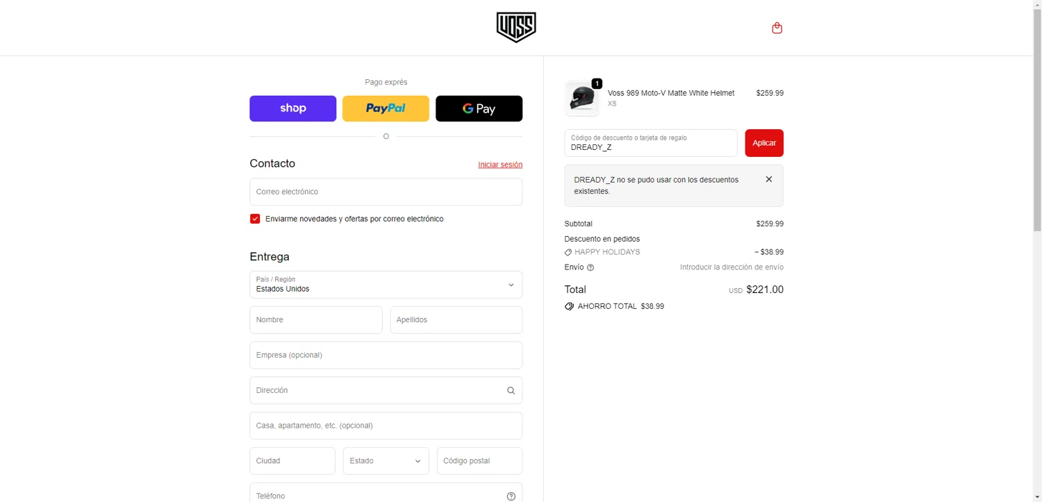 Voss Motorcycle Helmets promo code screenshot showing code DREADY_Z applied at Voss Motorcycle Helmets checkout page. Uploaded by SimplyCodes community member TreasureKnight4134 on Dec 12, 2025