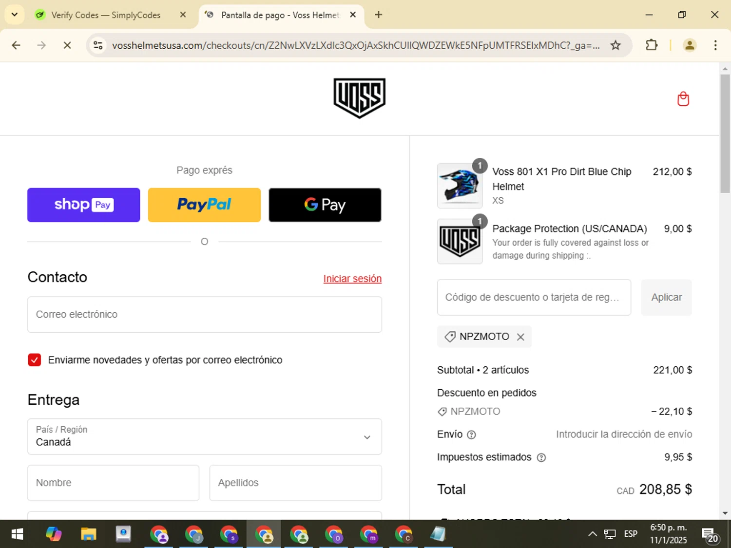 Voss Motorcycle Helmets promo code screenshot showing code Npzmoto applied at Voss Motorcycle Helmets checkout page. Uploaded by SimplyCodes community member VictorL on Jan 11, 2025