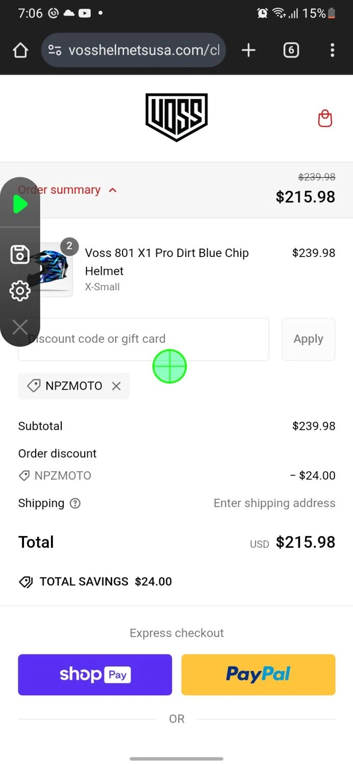 Voss Motorcycle Helmets promo code screenshot showing code Npzmoto applied at Voss Motorcycle Helmets checkout page. Uploaded by SimplyCodes community member miguelcrast on Feb 9, 2025