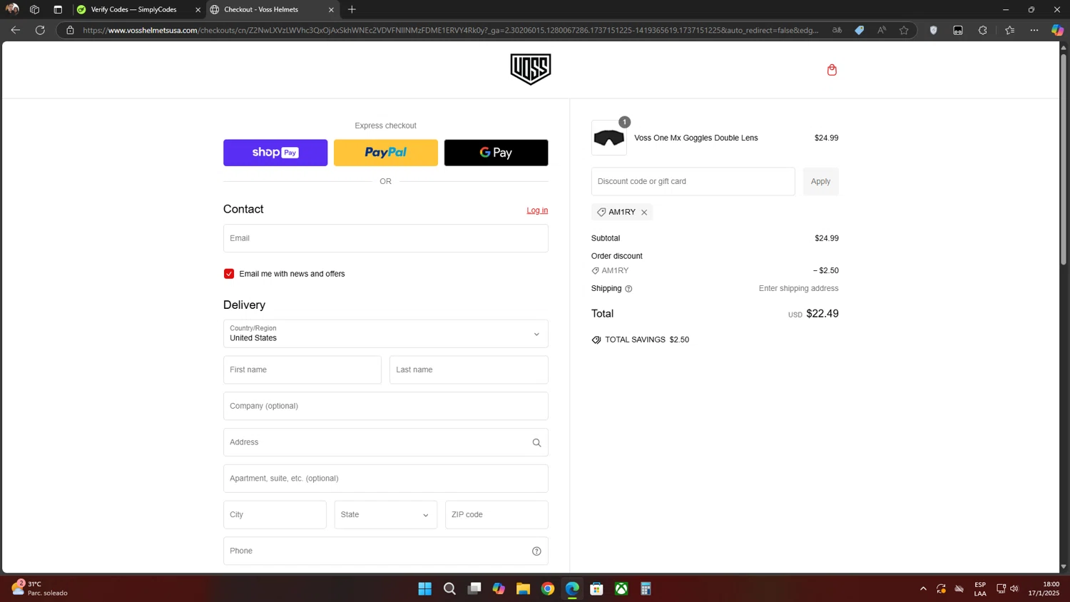 Voss Motorcycle Helmets promo code screenshot showing code AM1RY applied at Voss Motorcycle Helmets checkout page. Uploaded by SimplyCodes community member Flores on Jan 17, 2025
