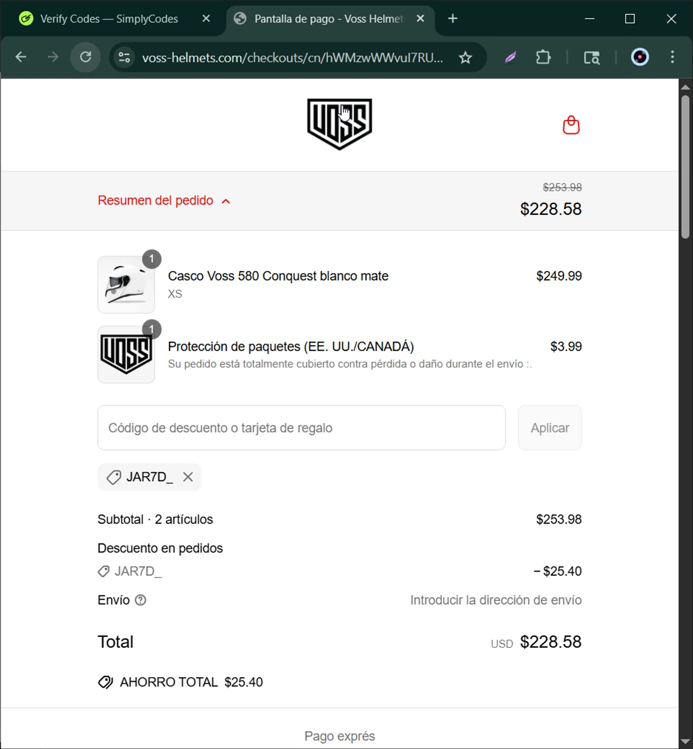 Voss Motorcycle Helmets promo code screenshot showing code JAR7D_ applied at Voss Motorcycle Helmets checkout page. Uploaded by SimplyCodes community member Bernard_Lowe on Jun 26, 2025