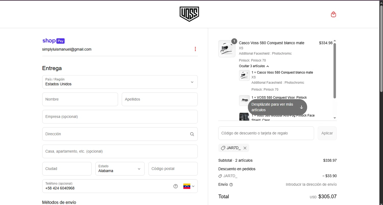 Voss Motorcycle Helmets promo code screenshot showing code JAR7D_ applied at Voss Motorcycle Helmets checkout page. Uploaded by SimplyCodes community member CouponHero3179 on Jun 22, 2025