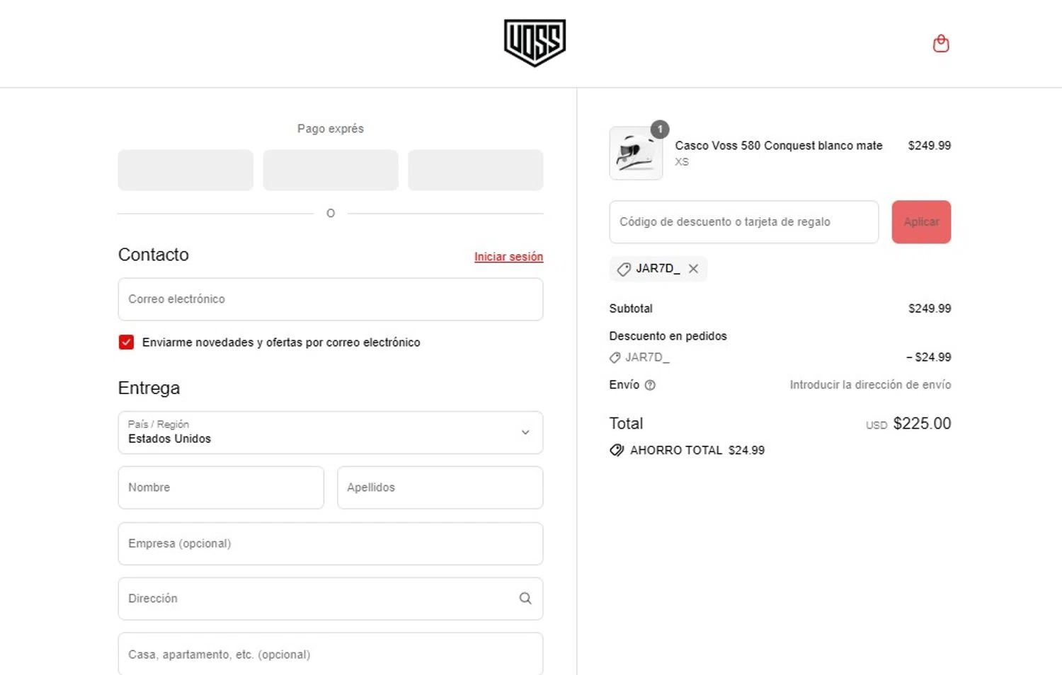 Voss Motorcycle Helmets promo code screenshot showing code JAR7D_ applied at Voss Motorcycle Helmets checkout page. Uploaded by SimplyCodes community member PennyScholar167 on Aug 31, 2025