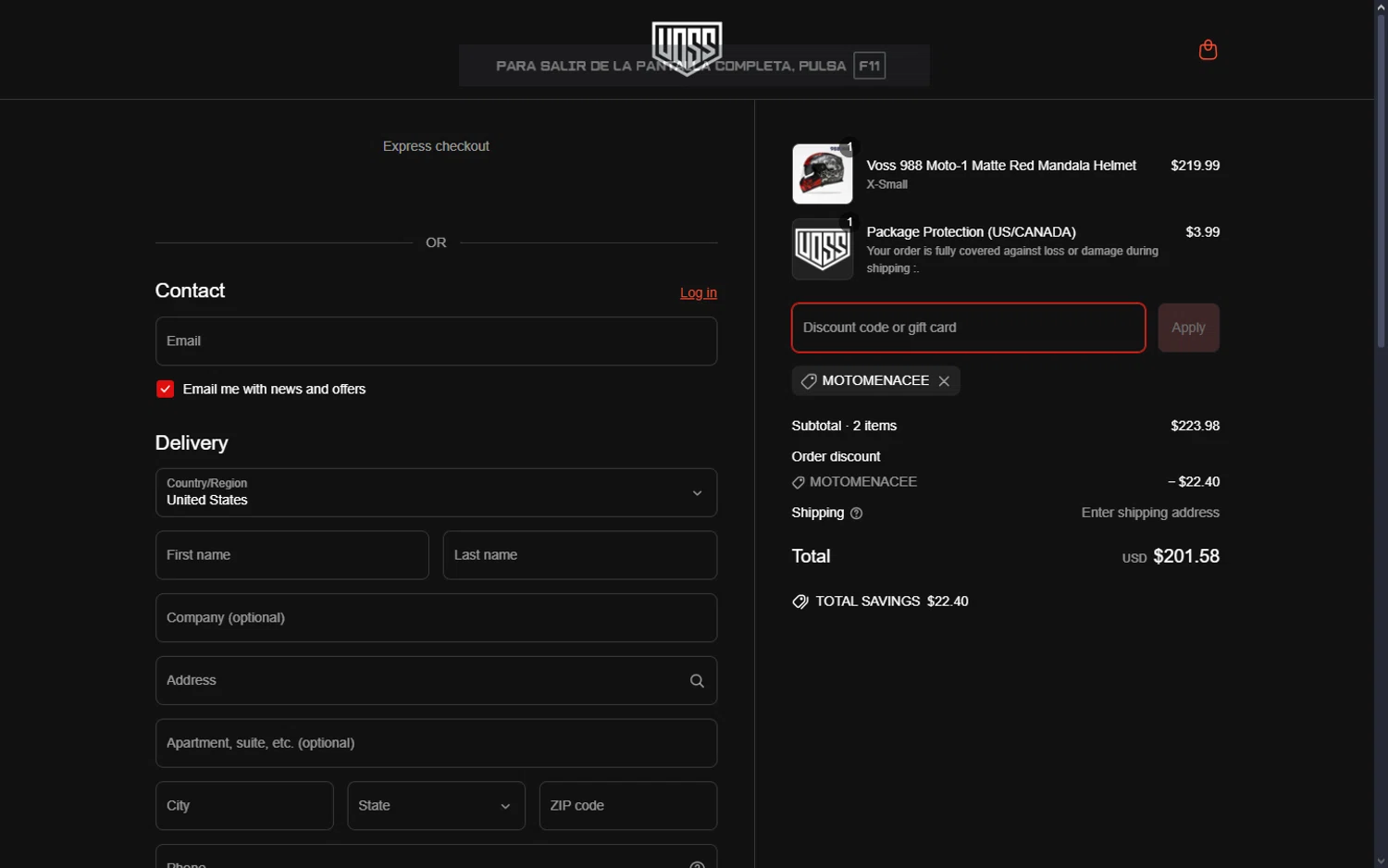 Voss Motorcycle Helmets promo code screenshot showing code Motomenacee applied at Voss Motorcycle Helmets checkout page. Uploaded by SimplyCodes community member GiornoGiovanna on Apr 9, 2025