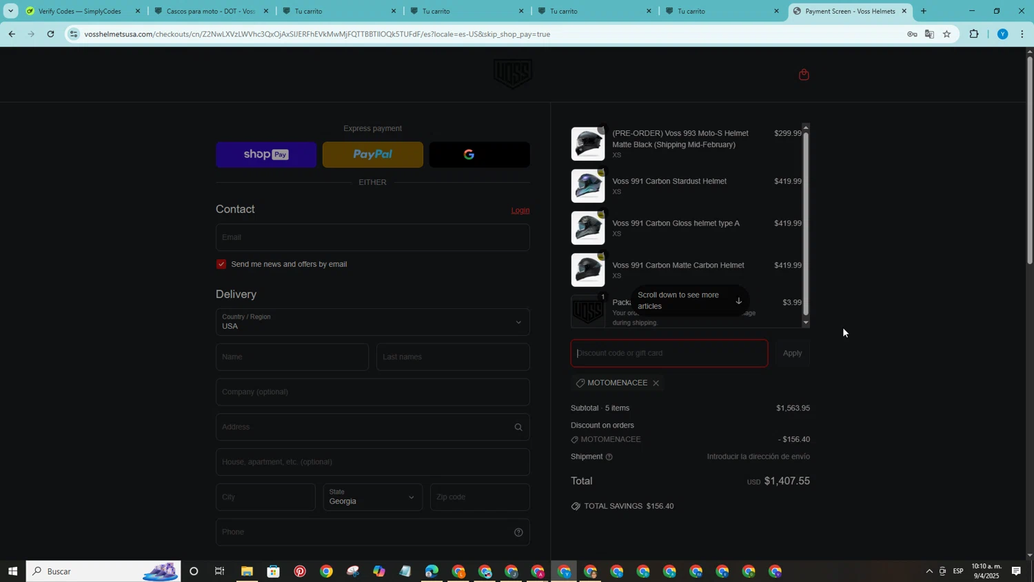 Voss Motorcycle Helmets promo code screenshot showing code Motomenacee applied at Voss Motorcycle Helmets checkout page. Uploaded by SimplyCodes community member CodeWarden5915 on Apr 9, 2025