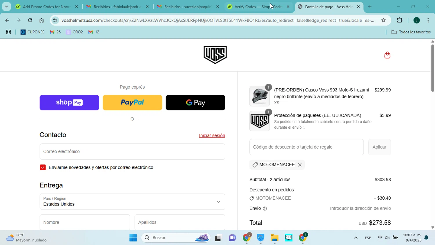 Voss Motorcycle Helmets promo code screenshot showing code Motomenacee applied at Voss Motorcycle Helmets checkout page. Uploaded by SimplyCodes community member jorgejavierherrera on Apr 9, 2025
