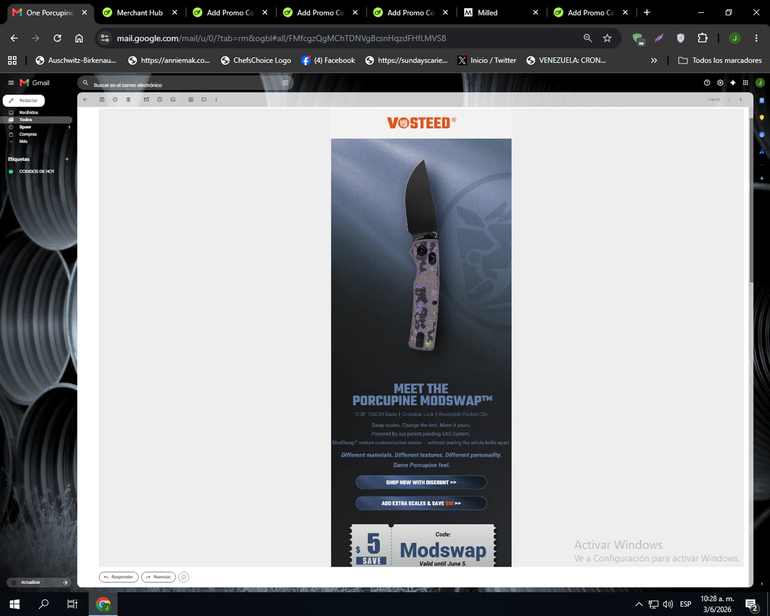 Vosteed promo code screenshot showing code MODSWAP applied at Vosteed checkout page. Uploaded by SimplyCodes community member Codehunter on Jun 3, 2026