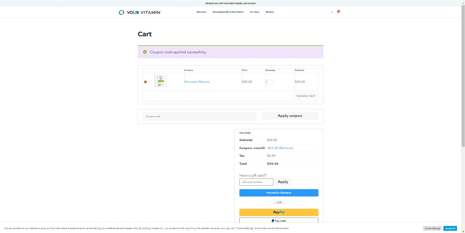 Vous Vitamin promo code screenshot showing code VOUS25 applied at Vous Vitamin checkout page. Uploaded by SimplyCodes community member ElonMusk on Feb 20, 2025