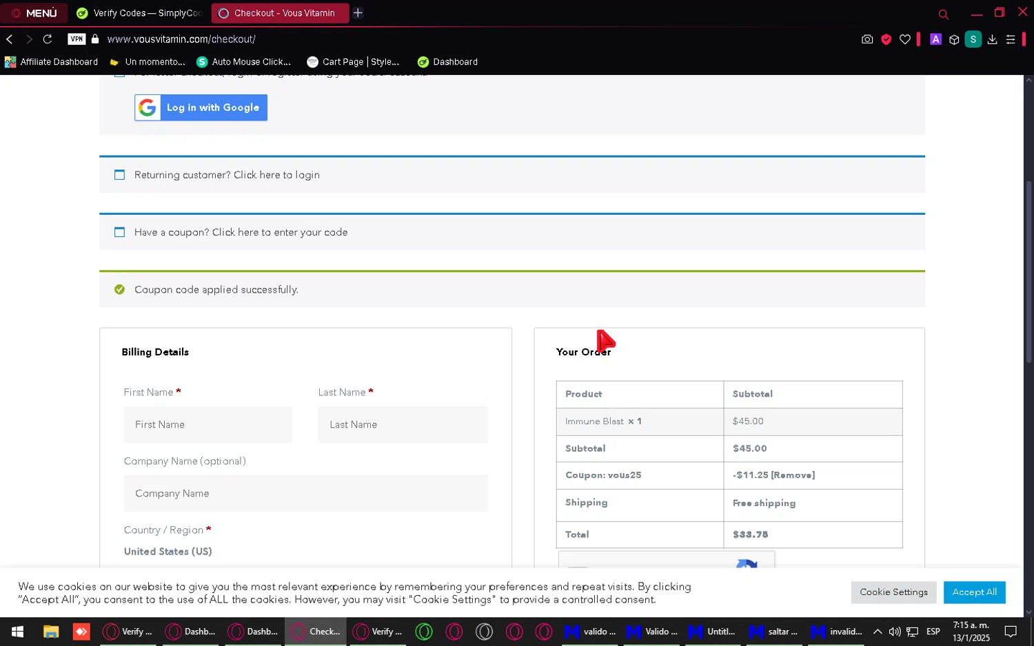 Vous Vitamin promo code screenshot showing code VOUS25 applied at Vous Vitamin checkout page. Uploaded by SimplyCodes community member Purureche_en_banda on Jan 13, 2025