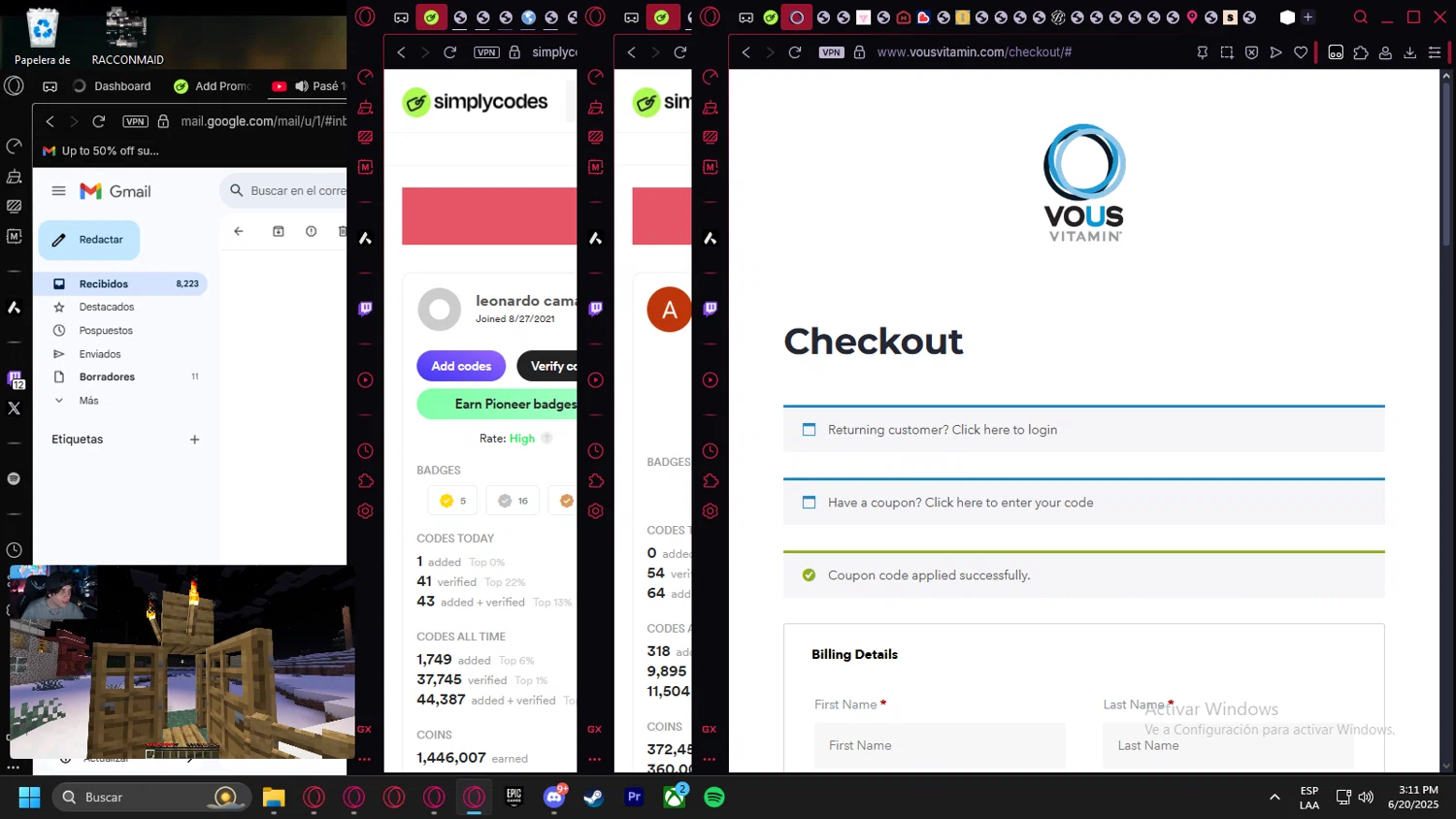 Vous Vitamin promo code screenshot showing code BARITHEDIETITIAN applied at Vous Vitamin checkout page. Uploaded by SimplyCodes community member Handivlak on Jun 20, 2025