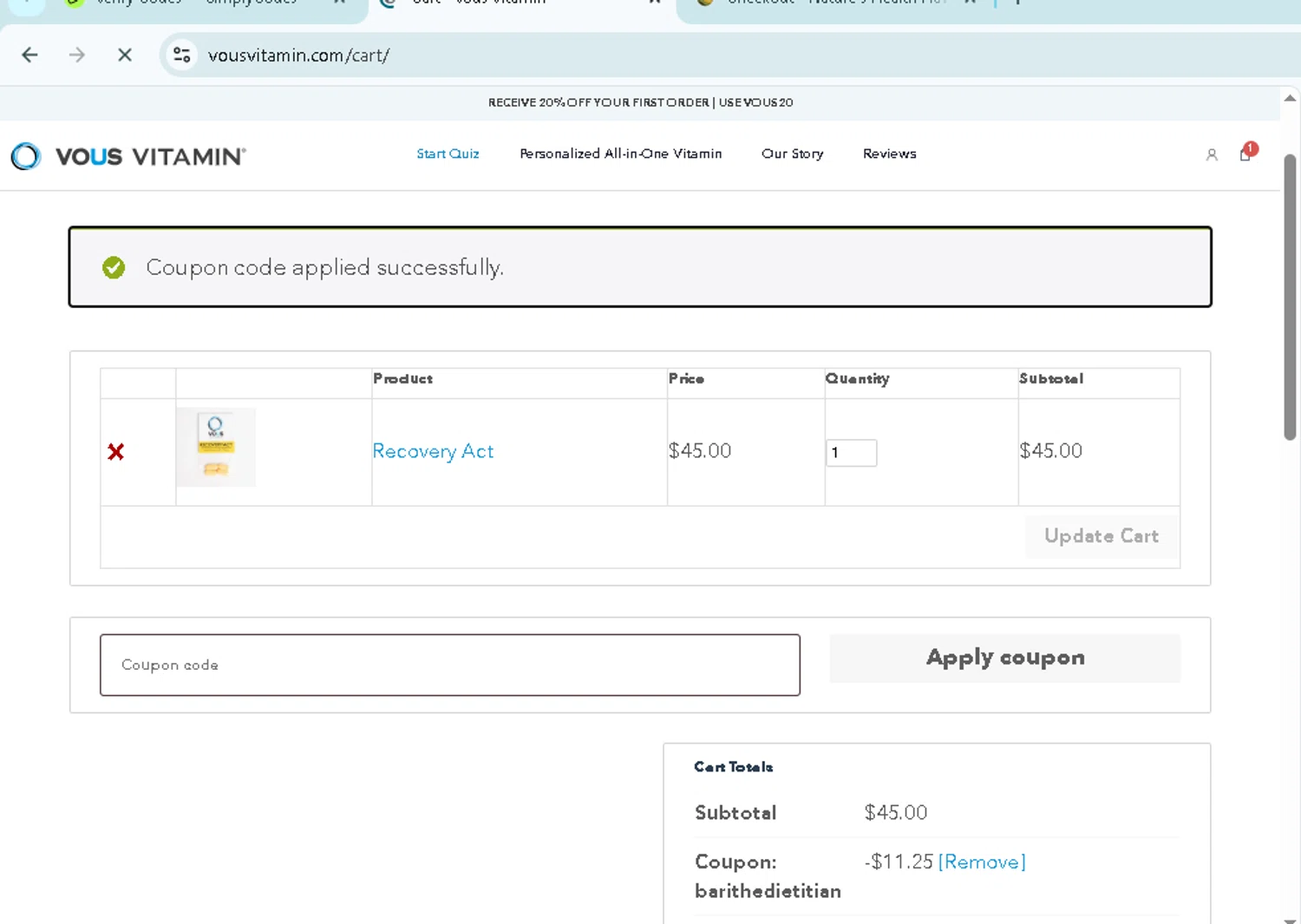 Vous Vitamin promo code screenshot showing code BARITHEDIETITIAN applied at Vous Vitamin checkout page. Uploaded by SimplyCodes community member TokenMonarch796 on Oct 7, 2025