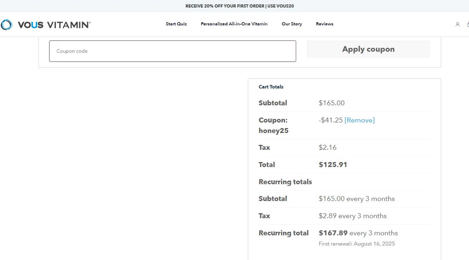 Vous Vitamin promo code screenshot showing code HONEY25 applied at Vous Vitamin checkout page. Uploaded by SimplyCodes community member CleverMaverick6991 on May 16, 2025