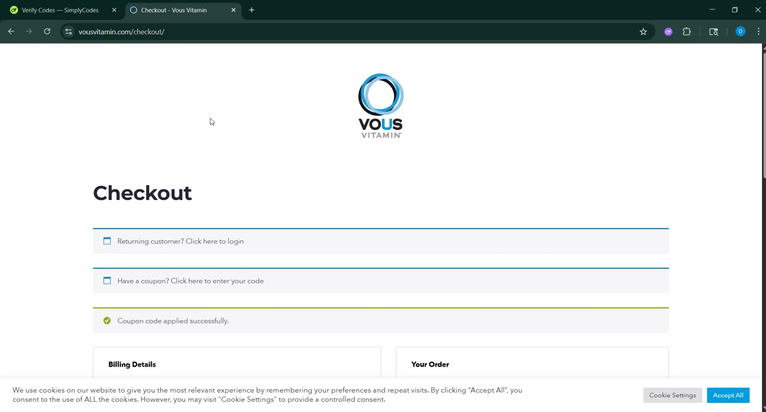 Vous Vitamin promo code screenshot showing code MBB25 applied at Vous Vitamin checkout page. Uploaded by SimplyCodes community member _____________ on Jun 2, 2025