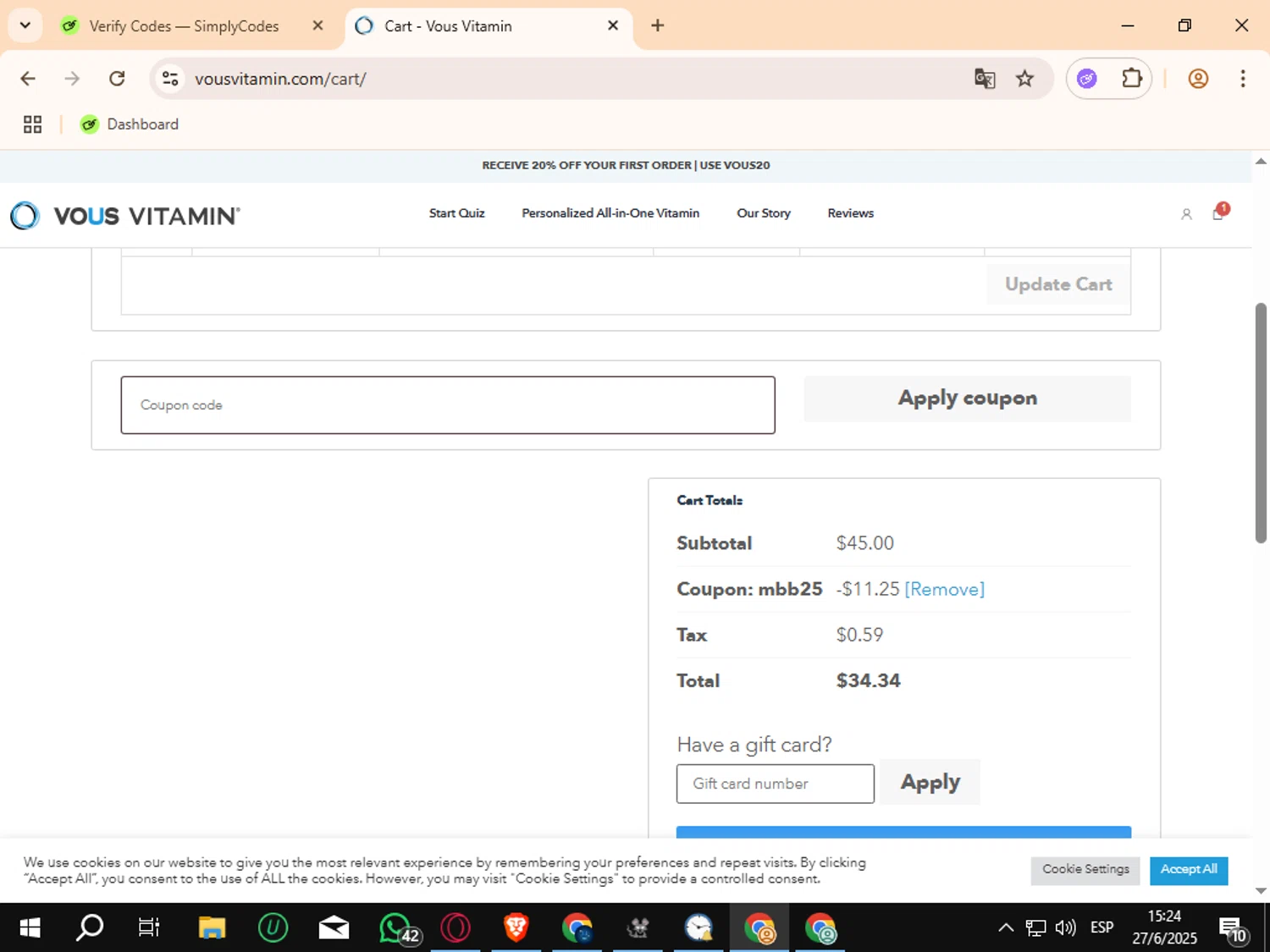 Vous Vitamin promo code screenshot showing code MBB25 applied at Vous Vitamin checkout page. Uploaded by SimplyCodes community member Crchirino1 on Jun 27, 2025