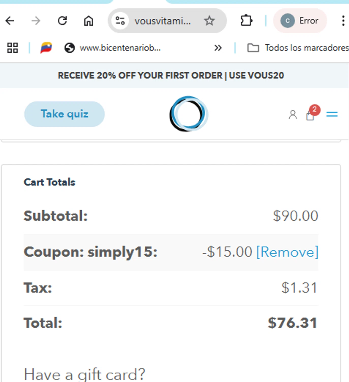 Vous Vitamin promo code screenshot showing code SIMPLY15 applied at Vous Vitamin checkout page. Uploaded by SimplyCodes community member Menotii23 on May 9, 2025