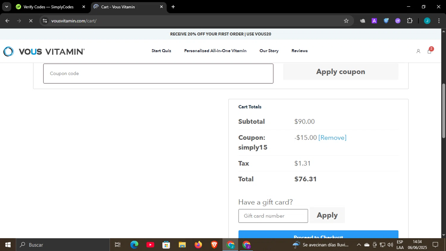 Vous Vitamin promo code screenshot showing code SIMPLY15 applied at Vous Vitamin checkout page. Uploaded by SimplyCodes community member WonderCaptain6926 on Jun 6, 2025