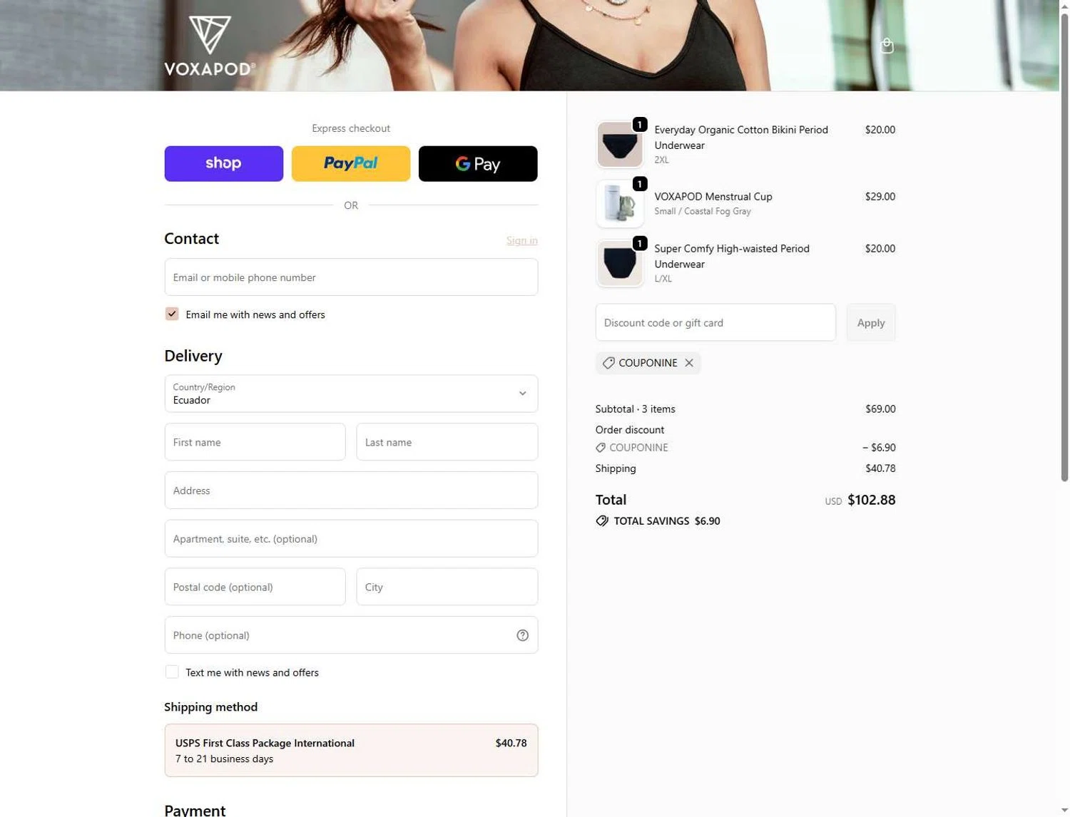 Voxapod promo code screenshot showing code COUPONINE applied at Voxapod checkout page. Uploaded by SimplyCodes community member Andaspendientedeunovale on Jun 1, 2026