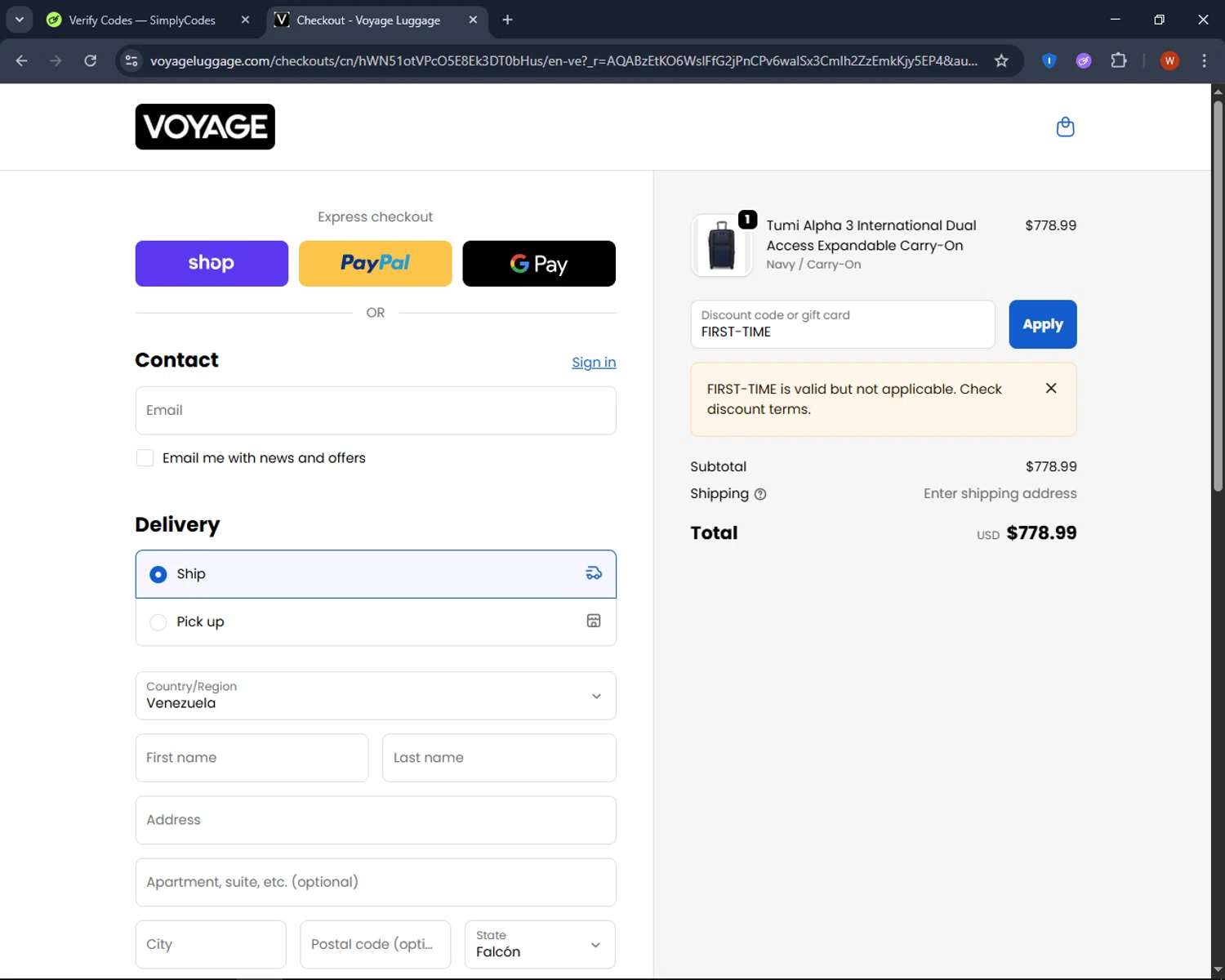 Voyage Luggage discount code screenshot showing code FIRST-TIME applied at Voyage Luggage checkout page. Uploaded by SimplyCodes community member CashPro9699 on Nov 7, 2025