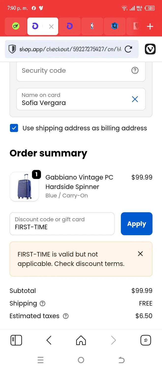 Voyage Luggage discount code screenshot showing code FIRST-TIME applied at Voyage Luggage checkout page. Uploaded by SimplyCodes community member PromoScholar5313 on Oct 9, 2025