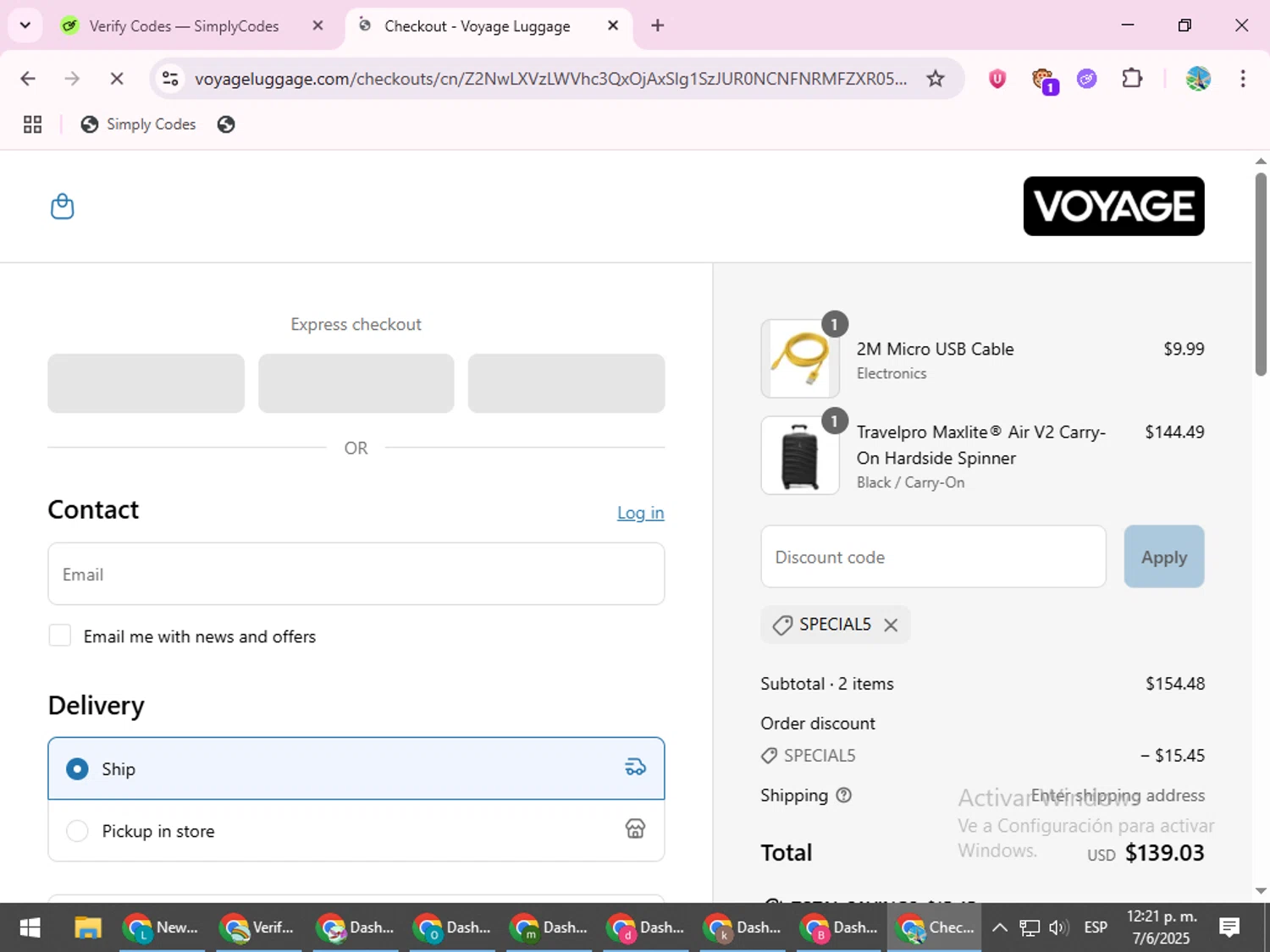 Voyage Luggage discount code screenshot showing code SPECIAL5 applied at Voyage Luggage checkout page. Uploaded by SimplyCodes community member ShrewdSpotter4101 on Jun 7, 2025