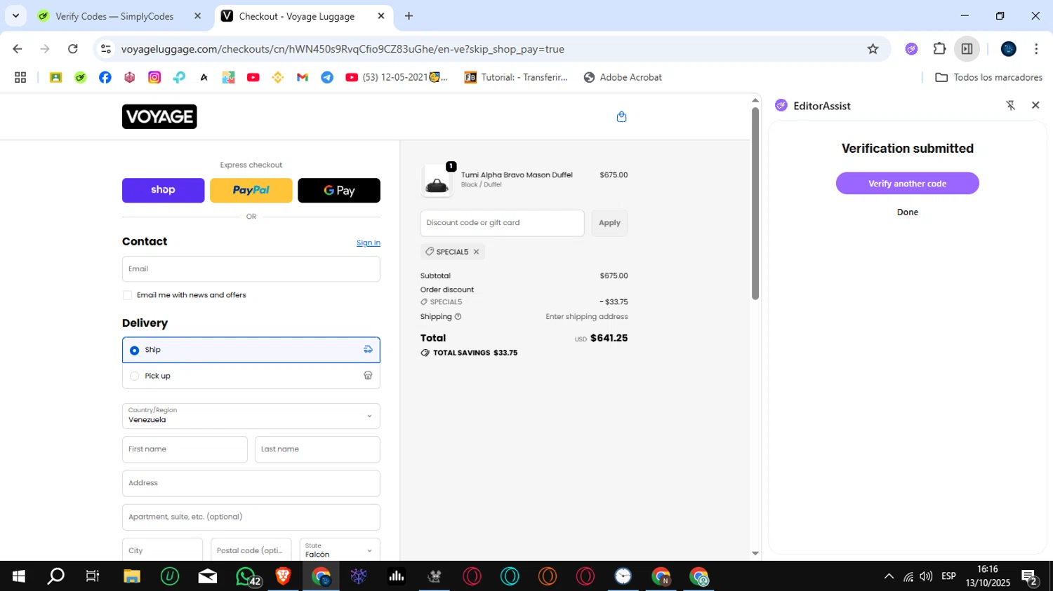 Voyage Luggage discount code screenshot showing code SPECIAL5 applied at Voyage Luggage checkout page. Uploaded by SimplyCodes community member SunJinWoo on Oct 13, 2025