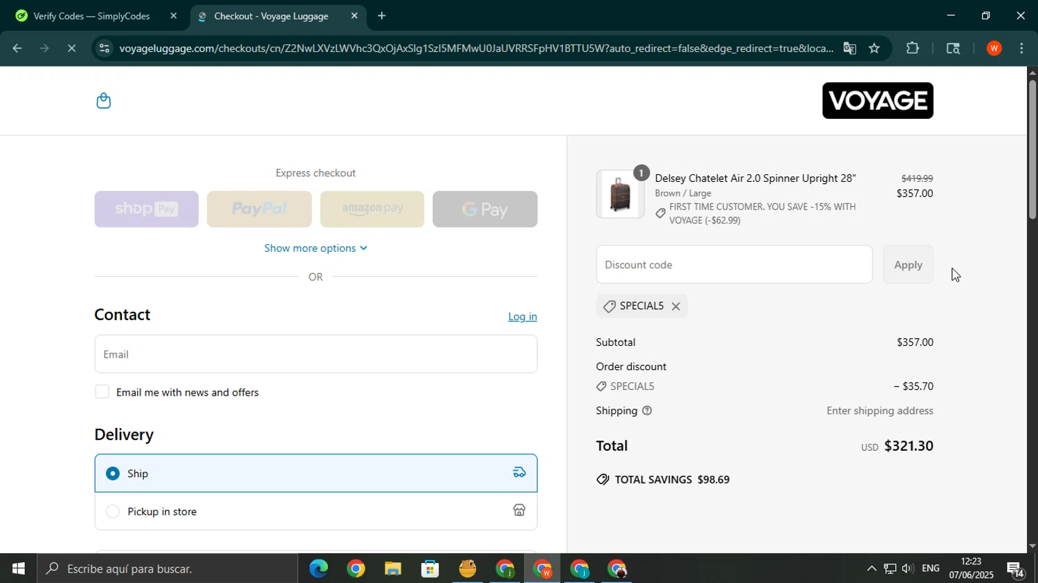 Voyage Luggage discount code screenshot showing code SPECIAL5 applied at Voyage Luggage checkout page. Uploaded by SimplyCodes community member wilferji on Jun 7, 2025
