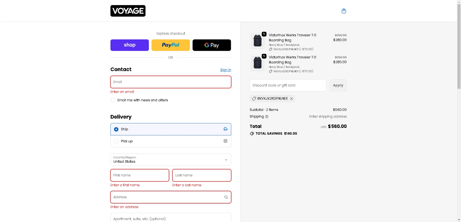 Voyage Luggage discount code screenshot showing code 8kvxjx2rdfnlnes applied at Voyage Luggage checkout page. Uploaded by SimplyCodes community member BargainCurator5453 on Nov 15, 2025