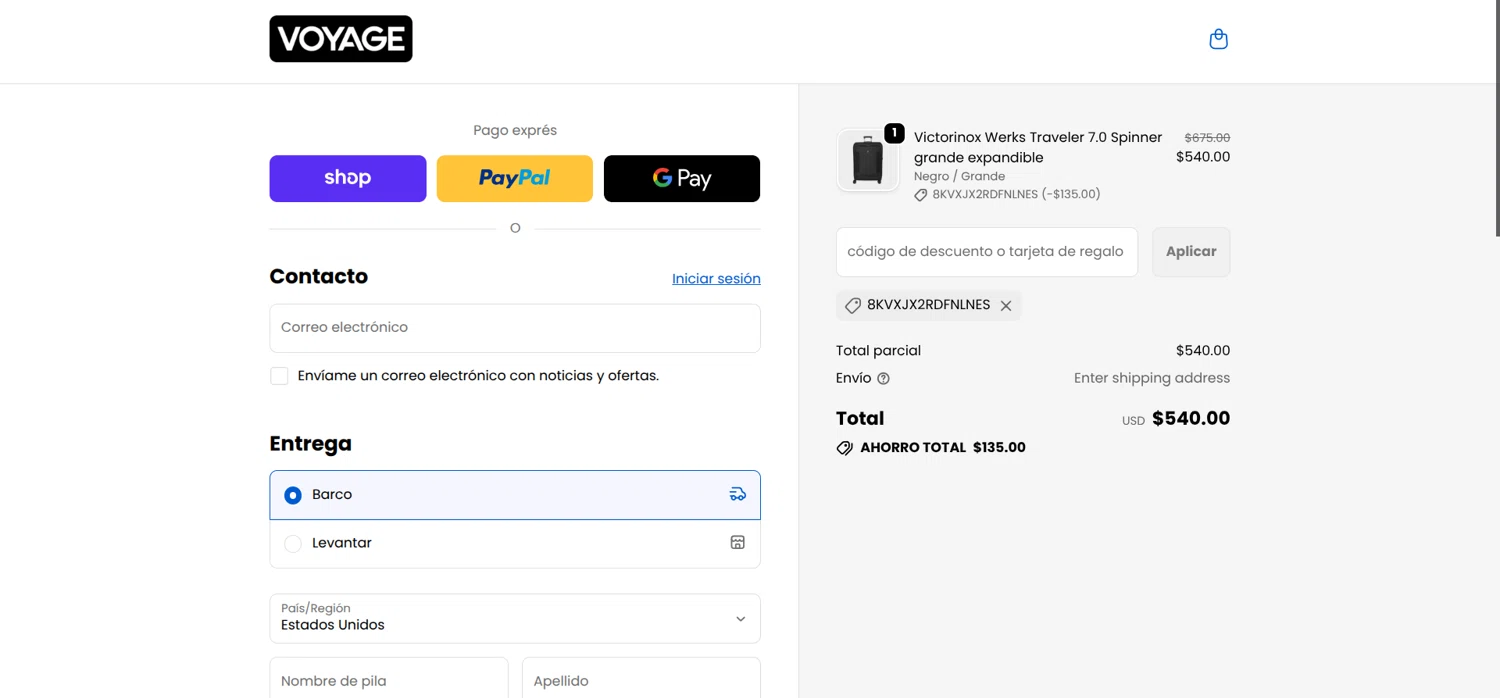 Voyage Luggage discount code screenshot showing code 8kvxjx2rdfnlnes applied at Voyage Luggage checkout page. Uploaded by SimplyCodes community member Mongomery on Nov 15, 2025