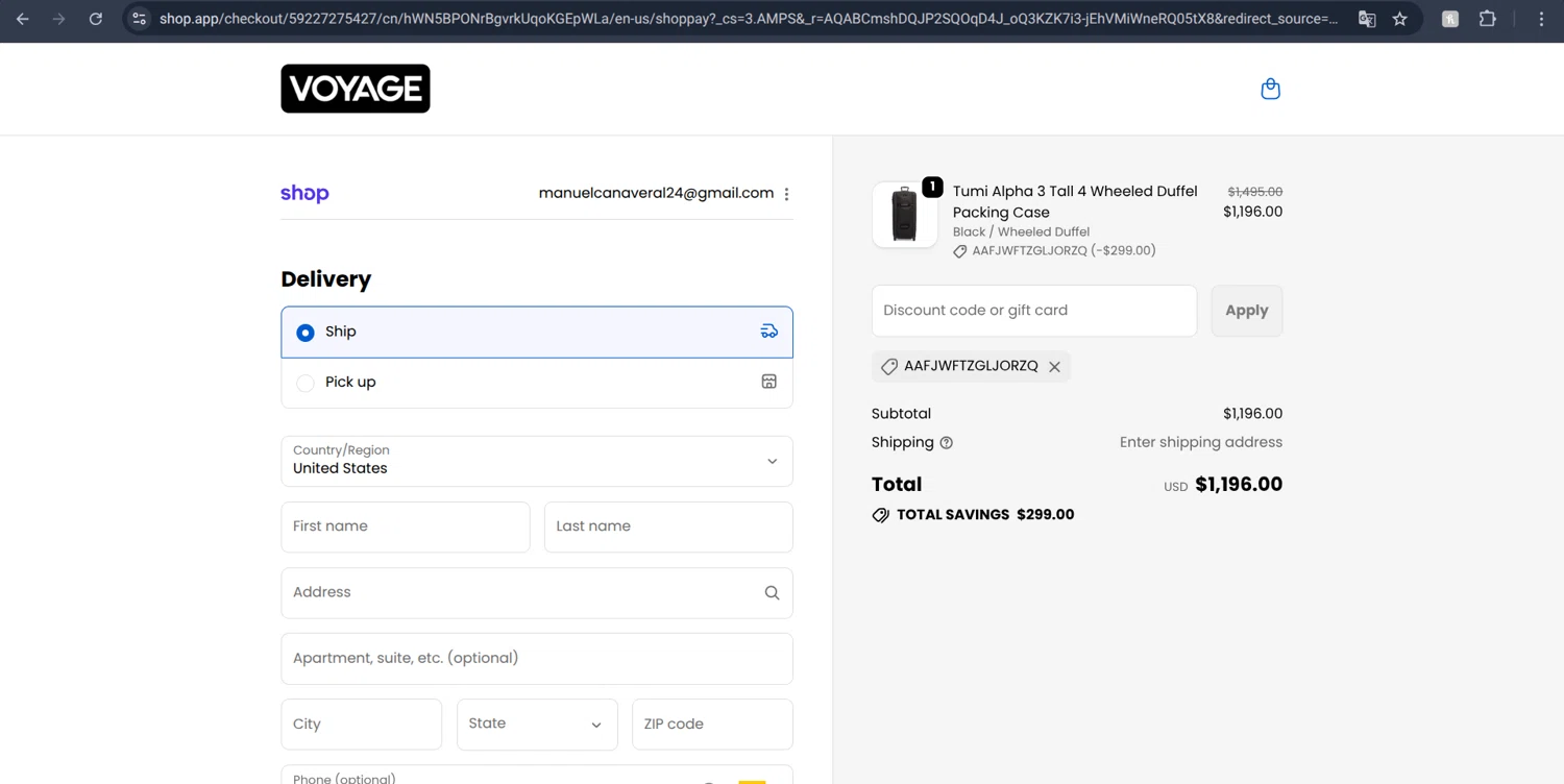 Voyage Luggage discount code screenshot showing code yy7mw6q1awsi applied at Voyage Luggage checkout page. Uploaded by SimplyCodes community member Mongomery on Nov 23, 2025