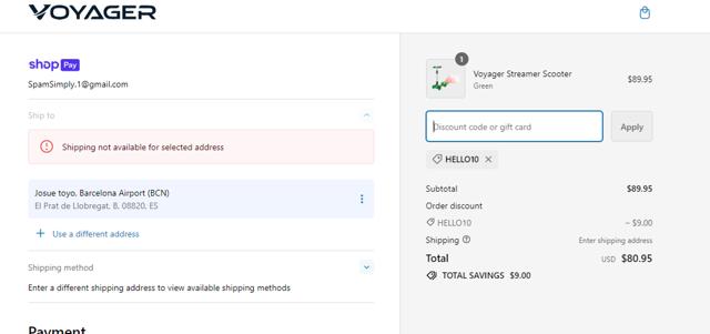 Voyager checkout page showing Voyager promo code box | Screenshot taken by SimplyCodes community member on Dec 14, 2023