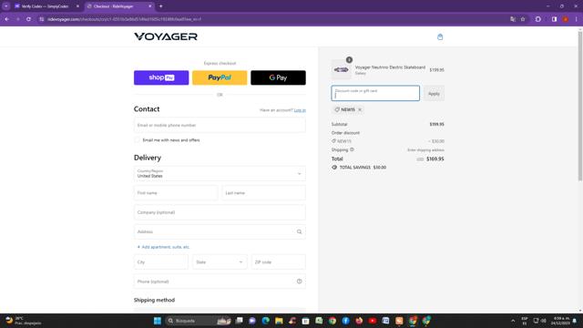 Voyager checkout page showing Voyager promo code box | Screenshot taken by SimplyCodes community member on Dec 24, 2023