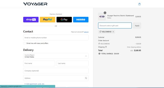 Voyager checkout page showing Voyager promo code box | Screenshot taken by SimplyCodes community member on Dec 26, 2023