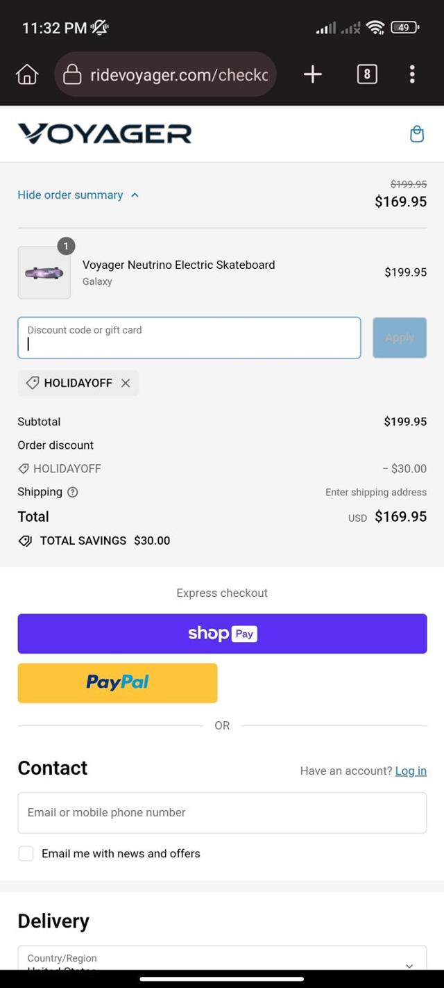 Voyager checkout page showing Voyager promo code box | Screenshot taken by SimplyCodes community member on Dec 13, 2023