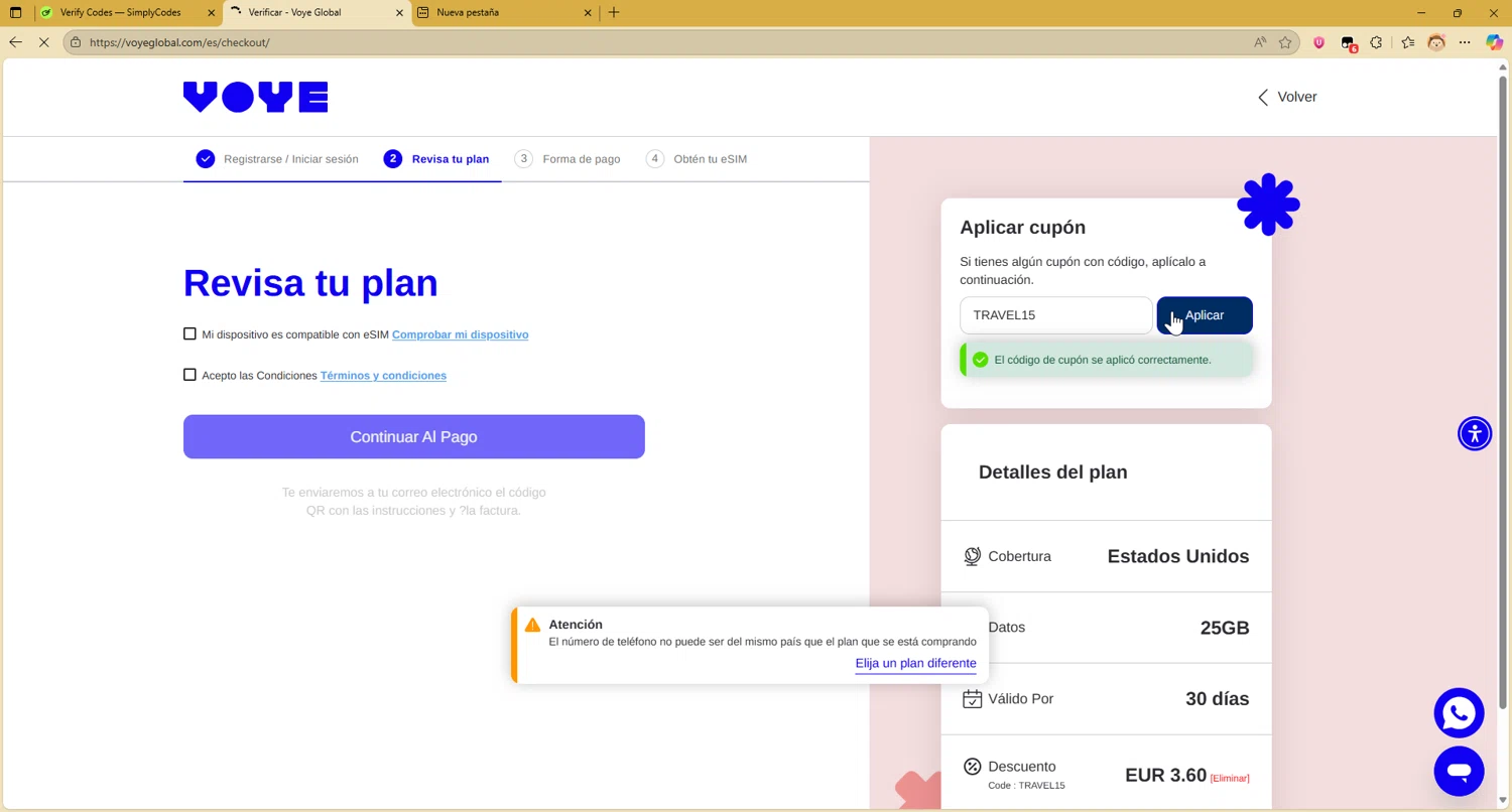 Voye Global promo code screenshot showing code TRAVEL15 applied at Voye Global checkout page. Uploaded by SimplyCodes community member CleverAce742 on Oct 10, 2025
