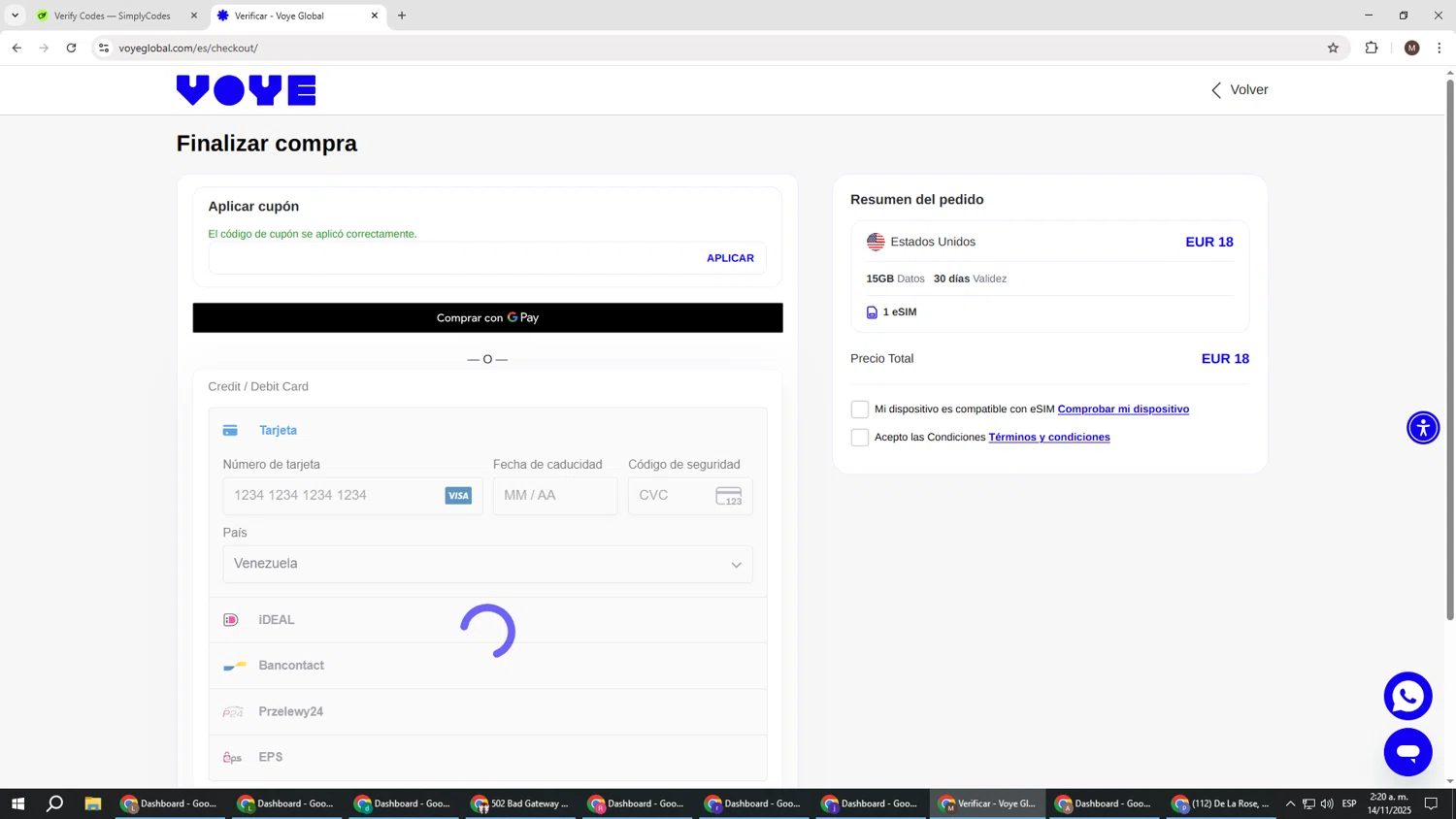 Voye Global promo code screenshot showing code TRAVEL15 applied at Voye Global checkout page. Uploaded by SimplyCodes community member KTMCRF on Nov 14, 2025
