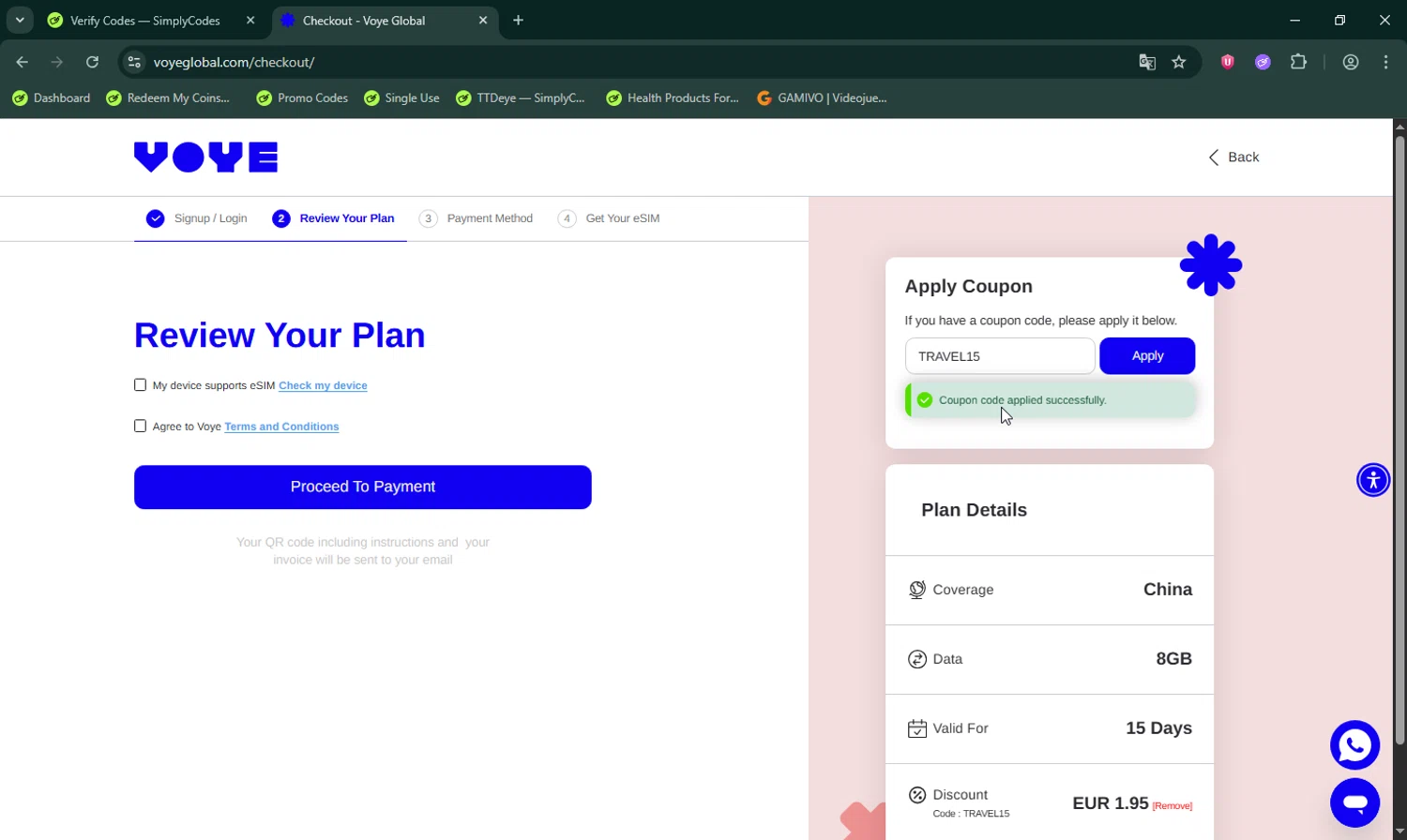 Voye Global promo code screenshot showing code TRAVEL15 applied at Voye Global checkout page. Uploaded by SimplyCodes community member LHaunter on Oct 10, 2025