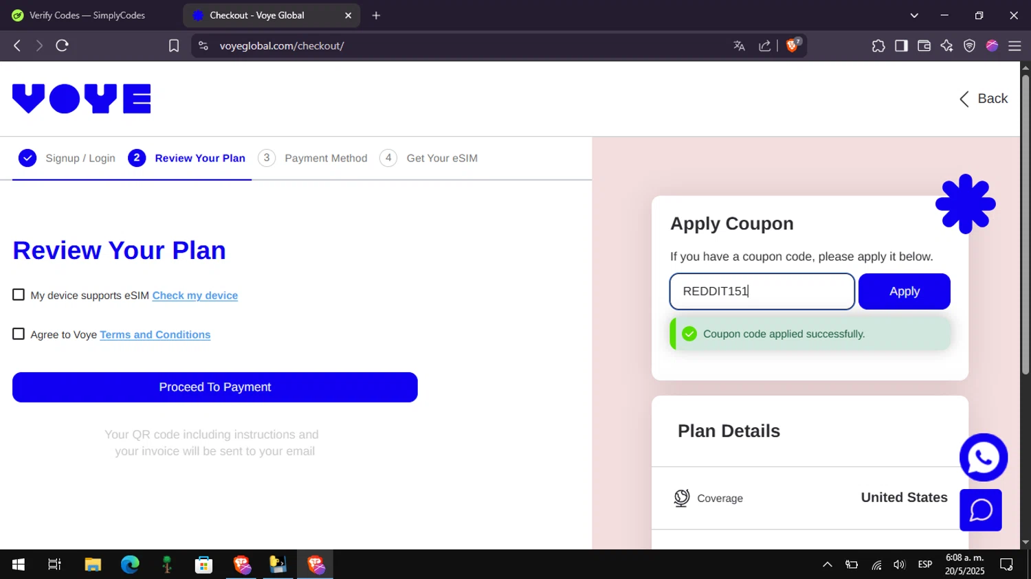 Voye Global promo code screenshot showing code REDDIT15 applied at Voye Global checkout page. Uploaded by SimplyCodes community member Mangoverde on May 20, 2025
