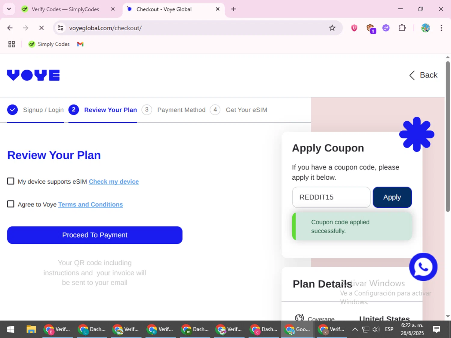 Voye Global promo code screenshot showing code REDDIT15 applied at Voye Global checkout page. Uploaded by SimplyCodes community member ShrewdSpotter4101 on Jun 26, 2025