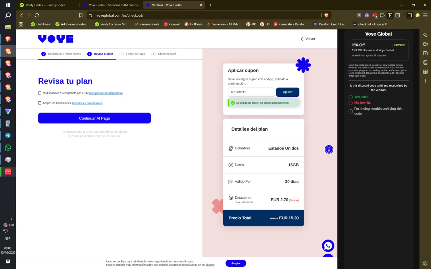 Voye Global promo code screenshot showing code REDDIT15 applied at Voye Global checkout page. Uploaded by SimplyCodes community member ilarrazaM6 on Oct 15, 2025