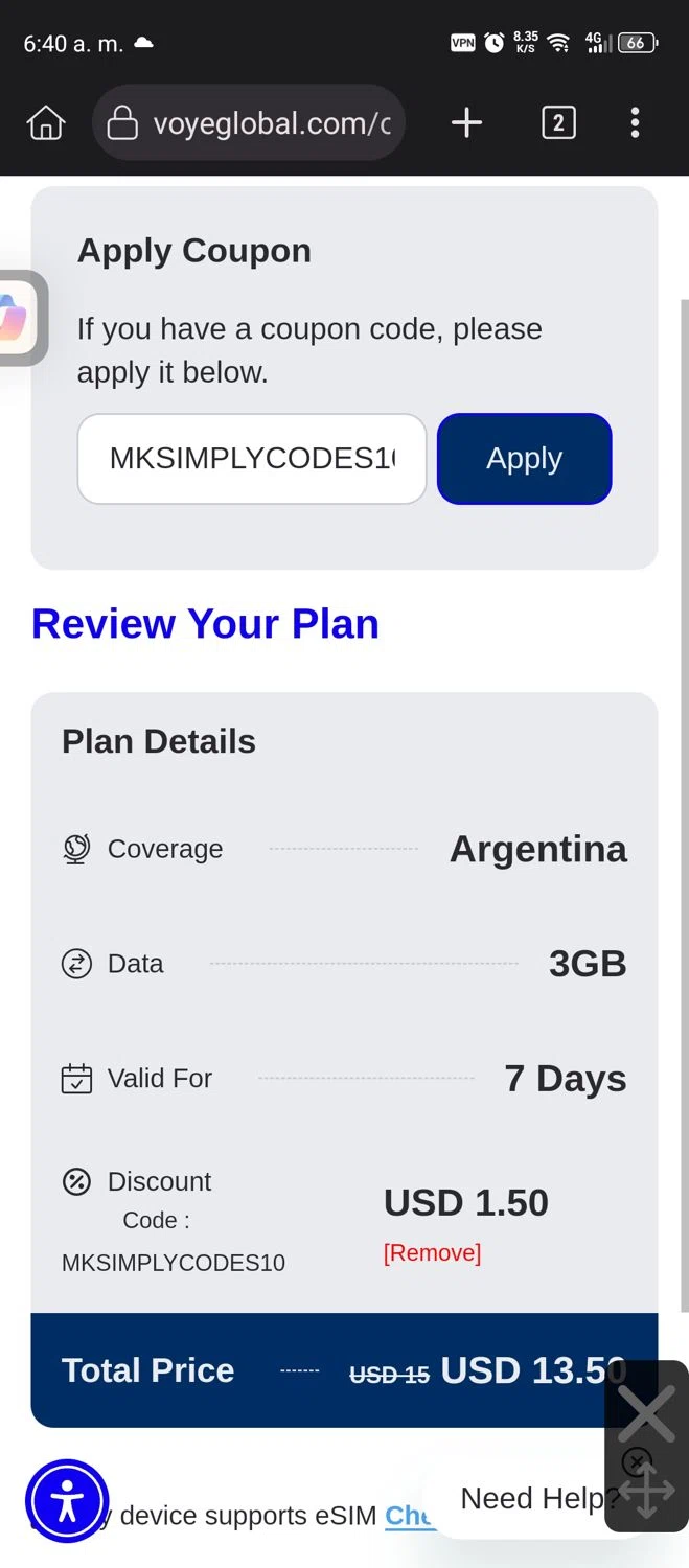 Voye Global checkout page showing Voye Global promo code box | Screenshot taken by SimplyCodes community member on Oct 20, 2025