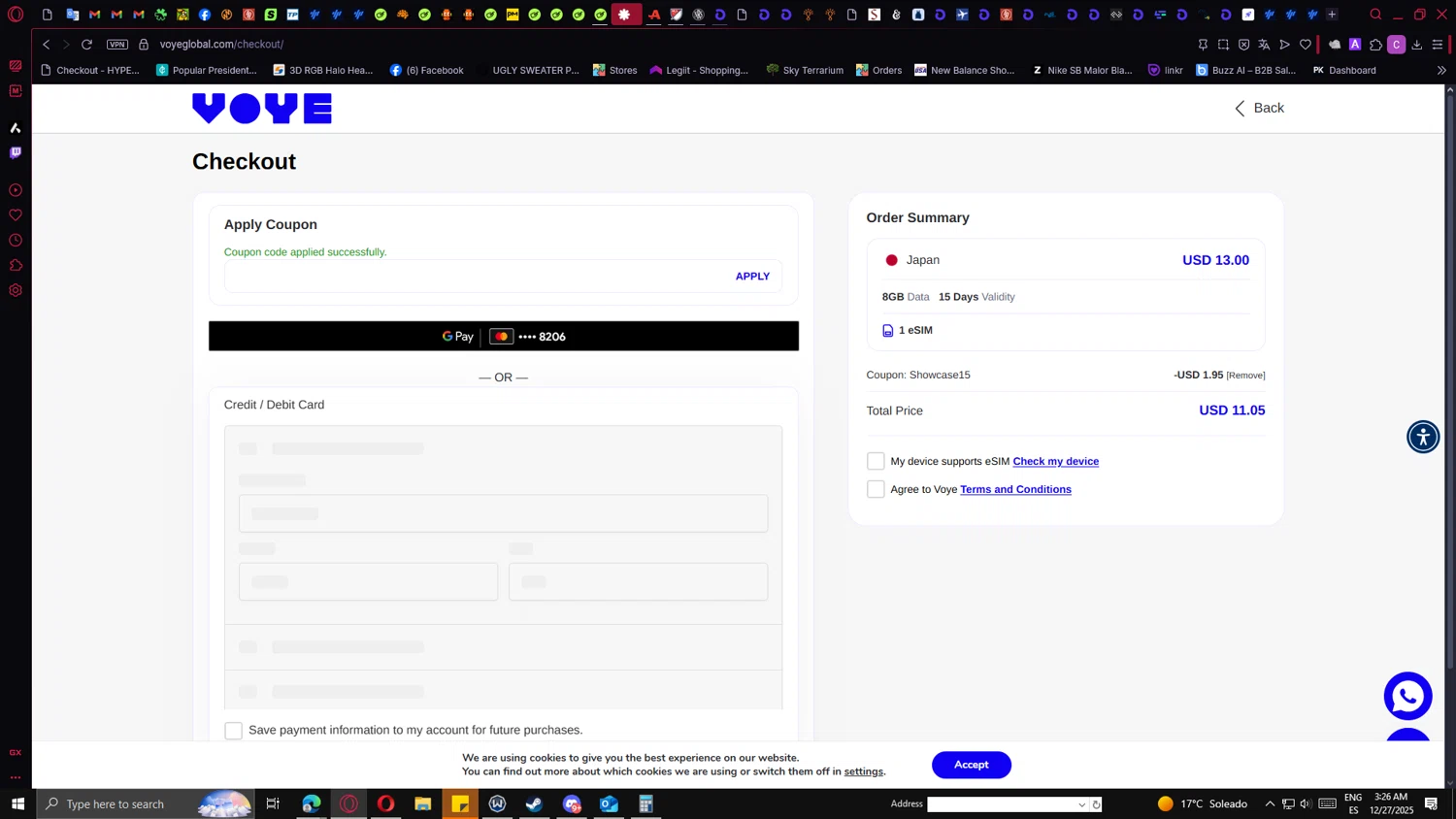 Voye Global promo code screenshot showing code Showcase15 applied at Voye Global checkout page. Uploaded by SimplyCodes community member PrimeMaverick5747 on Dec 27, 2025