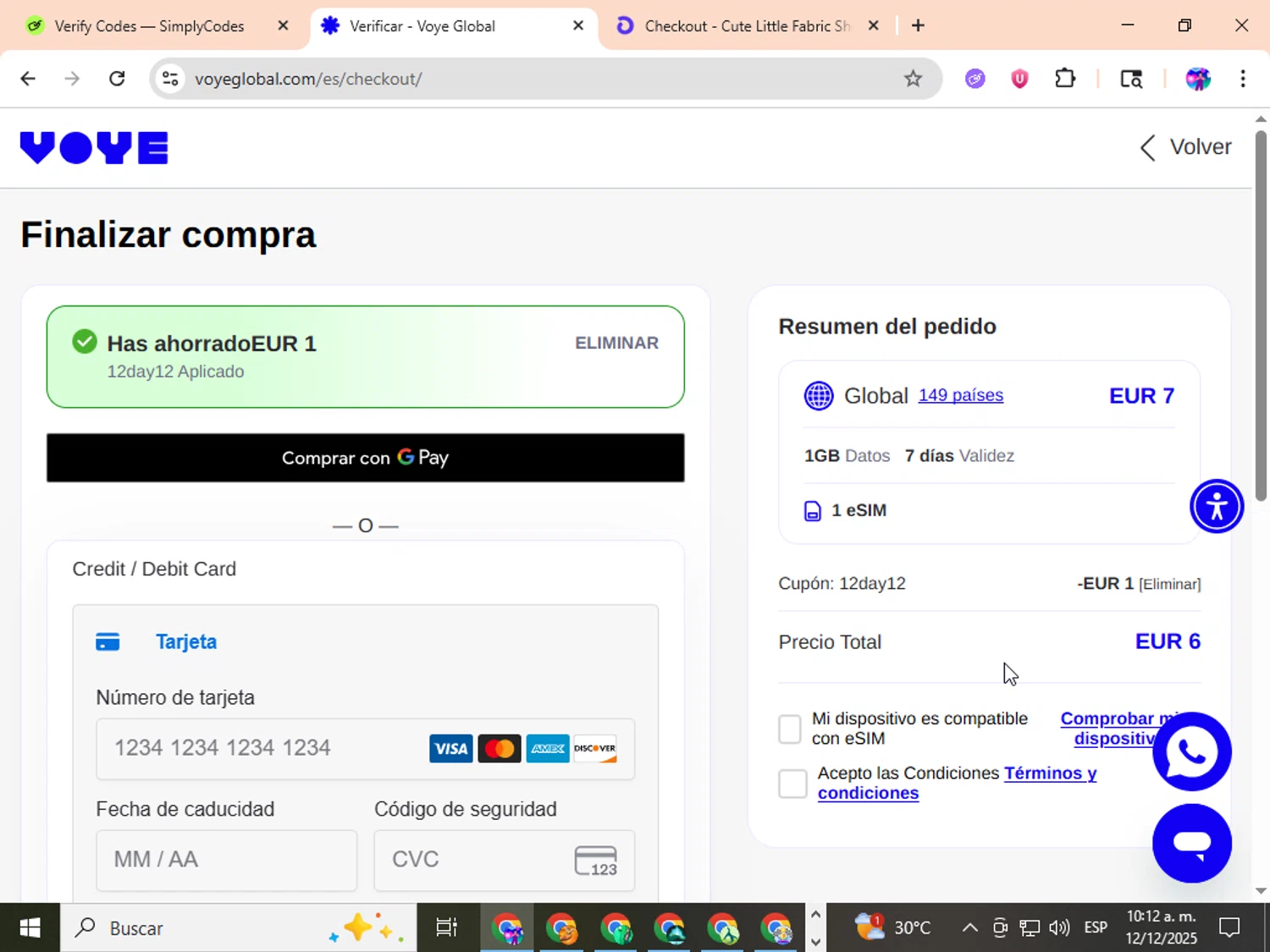 Voye Global promo code screenshot showing code 12DAY12 applied at Voye Global checkout page. Uploaded by SimplyCodes community member ingric on Dec 12, 2025