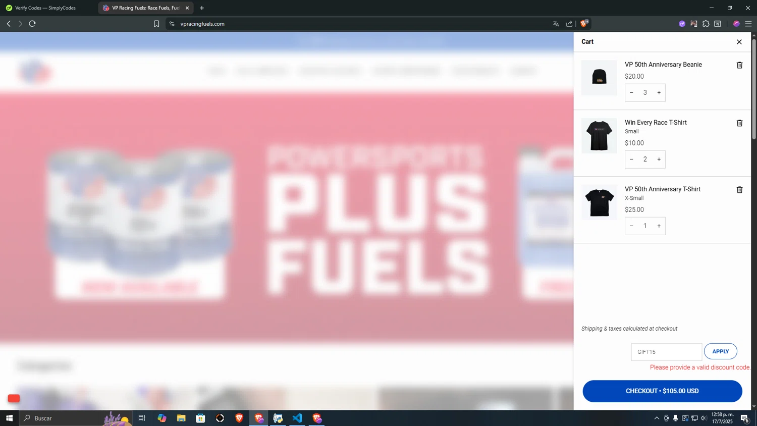 VP Racing Fuels promo code screenshot showing code GIFT15 applied at VP Racing Fuels checkout page. Uploaded by SimplyCodes community member 000000ooooooooooo on Jul 17, 2025