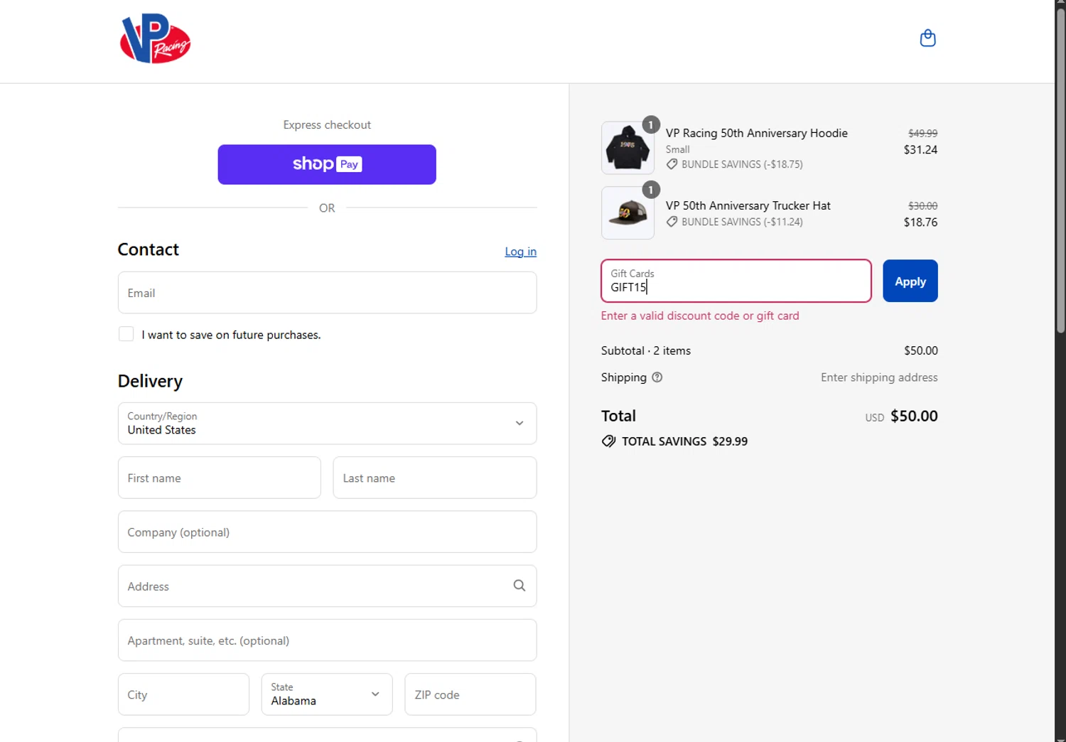 VP Racing Fuels promo code screenshot showing code GIFT15 applied at VP Racing Fuels checkout page. Uploaded by SimplyCodes community member VoucherRanger9105 on Jul 17, 2025