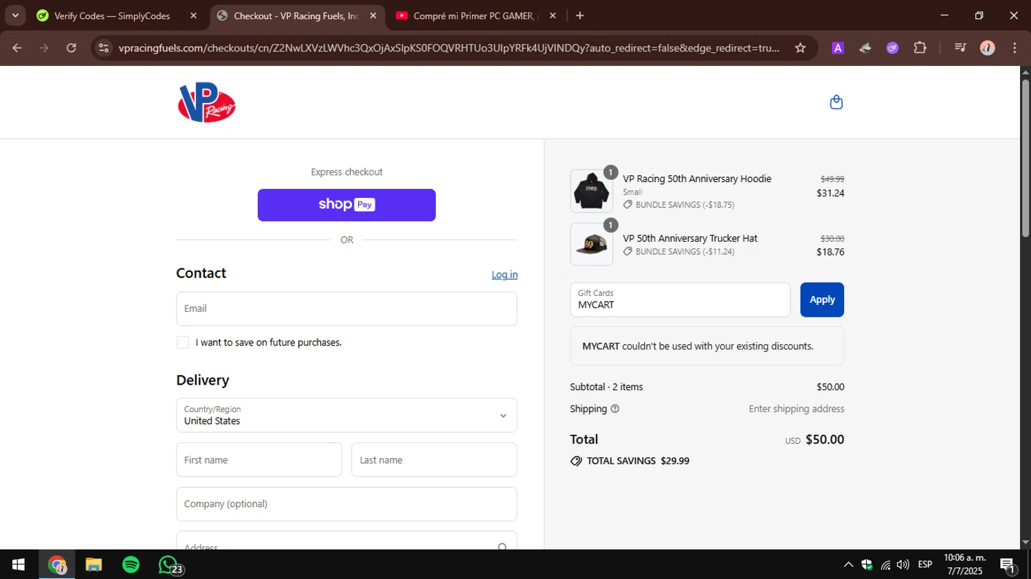 VP Racing Fuels promo code screenshot showing code MYCART applied at VP Racing Fuels checkout page. Uploaded by SimplyCodes community member AbusaGordas on Jul 7, 2025